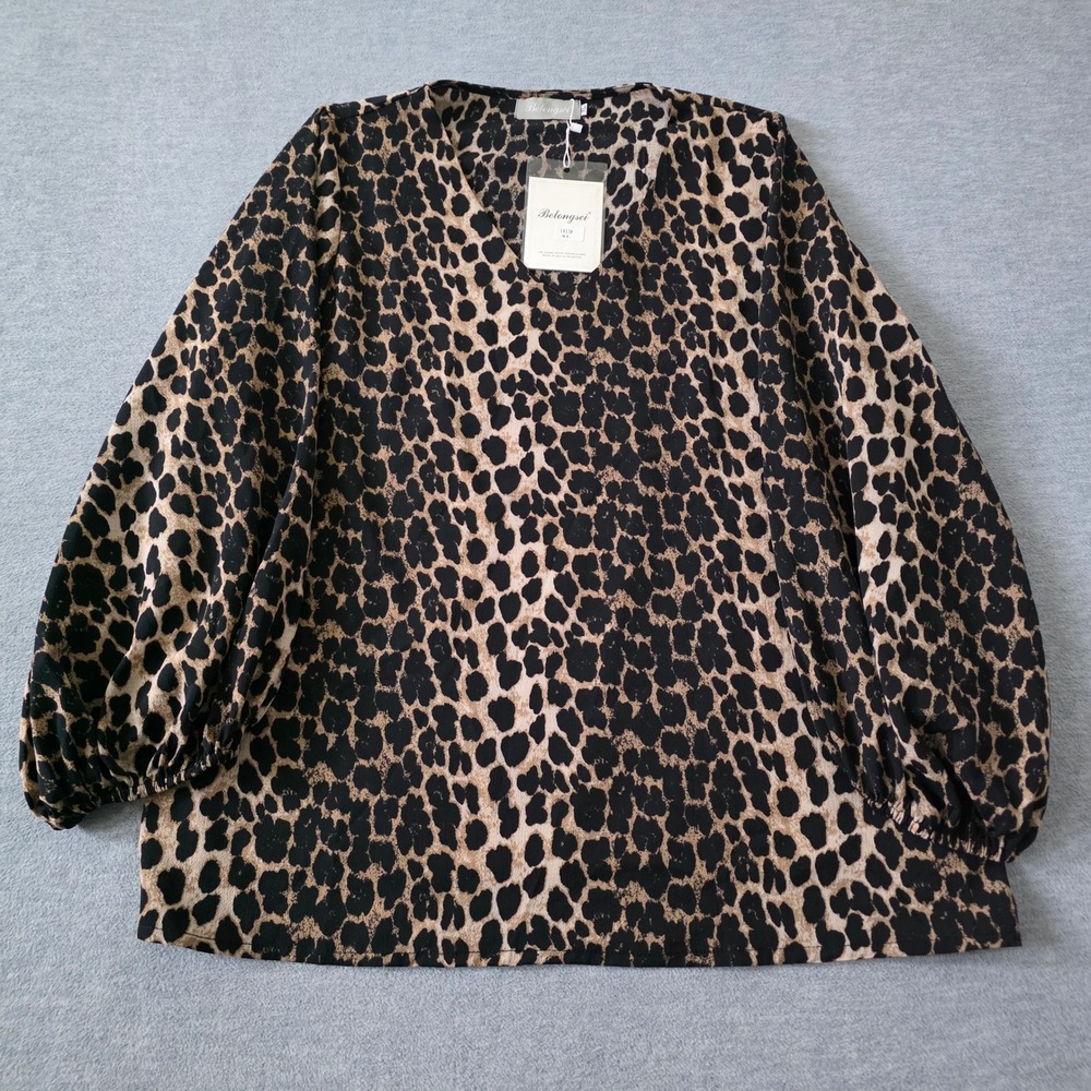 Belongsci Womens Leopard Print V-Neck Balloon Sleeve Blouse XL New